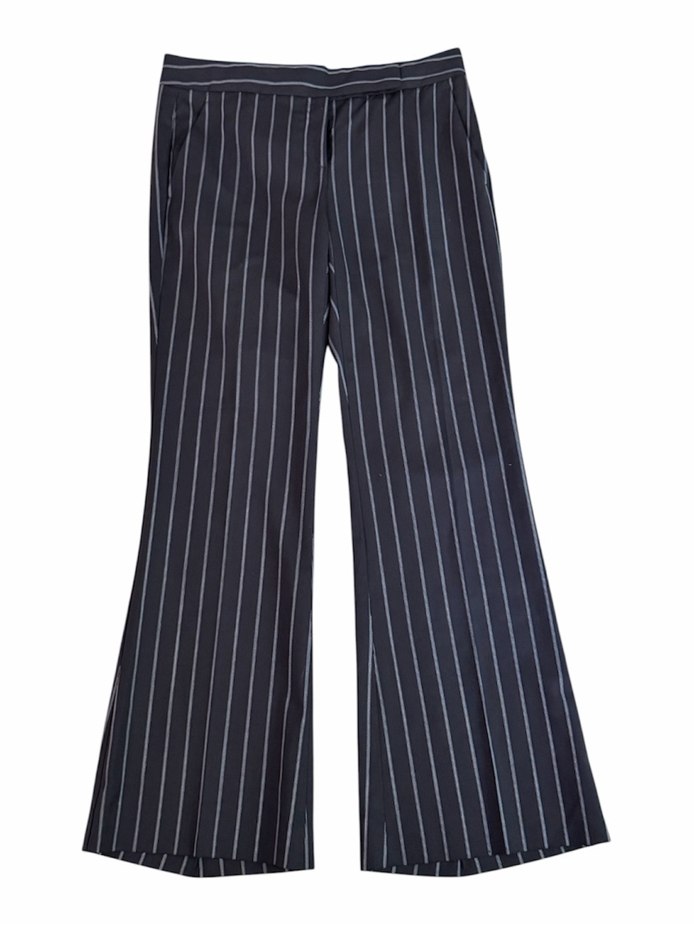 Theory 97% Wool Navy Pinstripe w light blue, white subtle flare Trousers 6